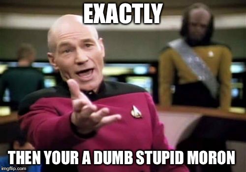 Picard Wtf Meme | EXACTLY THEN YOUR A DUMB STUPID MORON | image tagged in memes,picard wtf | made w/ Imgflip meme maker