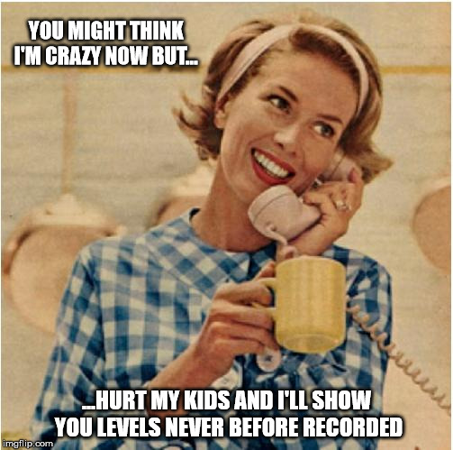 innocent mom | YOU MIGHT THINK I'M CRAZY NOW BUT... ...HURT MY KIDS AND I'LL SHOW YOU LEVELS NEVER BEFORE RECORDED | image tagged in innocent mom | made w/ Imgflip meme maker