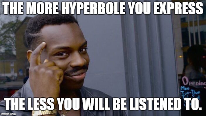 Roll Safe Think About It Meme | THE MORE HYPERBOLE YOU EXPRESS THE LESS YOU WILL BE LISTENED TO. | image tagged in memes,roll safe think about it | made w/ Imgflip meme maker