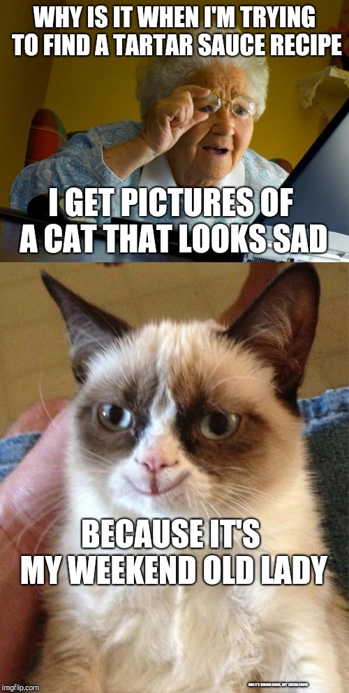 Grandma finds out grumpy cat weekend. A socrates and Craziness_all_the_way event. Oct 5th-8th. | WHY IS IT WHEN I'M TRYING TO FIND A TARTAR SAUCE RECIPE; I GET PICTURES OF A CAT THAT LOOKS SAD; BECAUSE IT'S MY WEEKEND OLD LADY; AND IT'S TARDAR SAUCE, NOT TARTAR SAUCE | image tagged in memes,tardar sauce,grumpy cat,grandma finds the internet | made w/ Imgflip meme maker