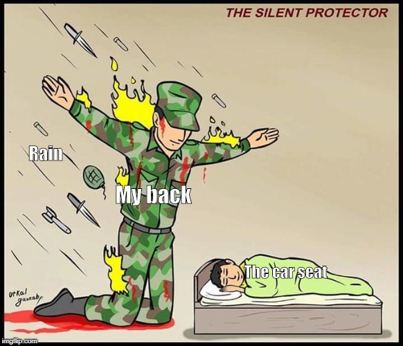the silent protector | Rain; My back; The car seat | image tagged in the silent protector | made w/ Imgflip meme maker