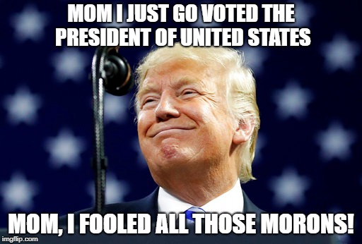 MOM I JUST GO VOTED THE PRESIDENT OF UNITED STATES; MOM, I FOOLED ALL THOSE MORONS! | image tagged in trump president unitedstates vote mom fooled momons voted asswipe asshole shithead idiot whitehouse | made w/ Imgflip meme maker