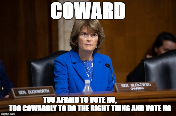 COWARD; TOO AFRAID TO VOTE NO,              
TOO COWARDLY TO DO THE RIGHT THING AND VOTE NO | image tagged in murkowski coward vote cowardly kavanugh trump senator alaska metoo supremcourt right afraid | made w/ Imgflip meme maker