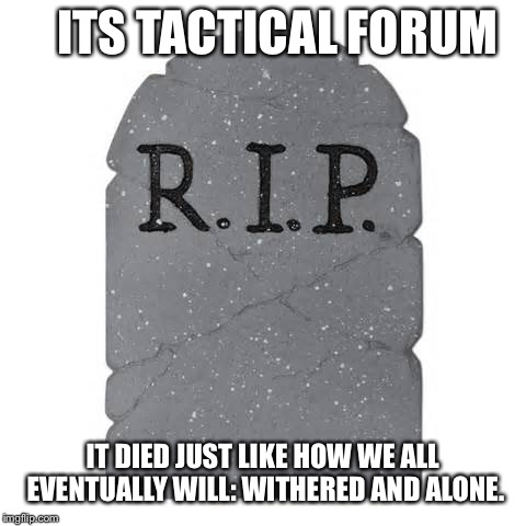 Tombstone | ITS TACTICAL FORUM; IT DIED JUST LIKE HOW WE ALL EVENTUALLY WILL: WITHERED AND ALONE. | image tagged in tombstone | made w/ Imgflip meme maker