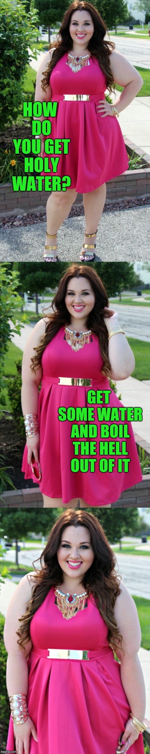 Sarah Rae Vargas joke template | HOW DO YOU GET HOLY WATER? GET SOME WATER AND BOIL THE HELL OUT OF IT | image tagged in sarah rae vargas joke template 1,sarah rae vargas,jbmemegeek,bad puns | made w/ Imgflip meme maker