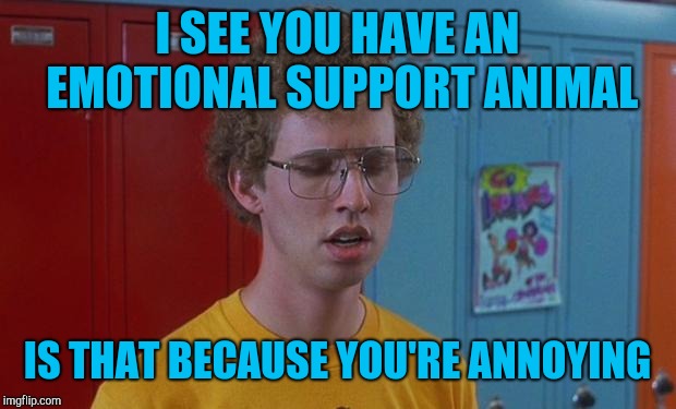 Napoleon Dynamite | I SEE YOU HAVE AN EMOTIONAL SUPPORT ANIMAL; IS THAT BECAUSE YOU'RE ANNOYING | image tagged in napoleon dynamite skills | made w/ Imgflip meme maker