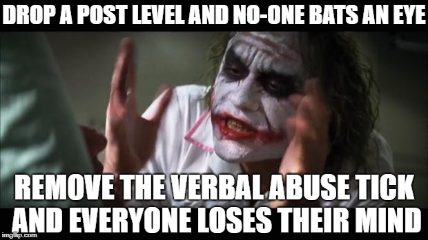 And everybody loses their minds | DROP A POST LEVEL AND NO-ONE BATS AN EYE; REMOVE THE VERBAL ABUSE TICK AND EVERYONE LOSES THEIR MIND | image tagged in memes,and everybody loses their minds | made w/ Imgflip meme maker