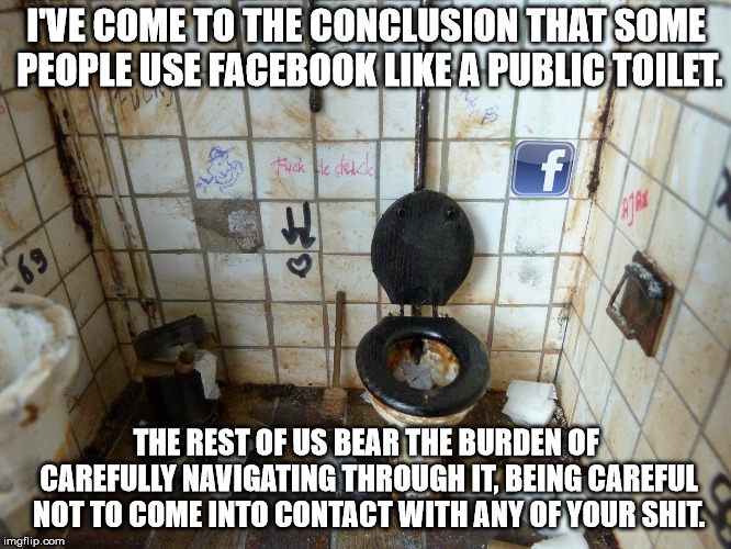 Facebook is like a public toilet |  I'VE COME TO THE CONCLUSION THAT SOME PEOPLE USE FACEBOOK LIKE A PUBLIC TOILET. THE REST OF US BEAR THE BURDEN OF CAREFULLY NAVIGATING THROUGH IT, BEING CAREFUL NOT TO COME INTO CONTACT WITH ANY OF YOUR SHIT. | image tagged in facebook,public toilet,gas station toilets | made w/ Imgflip meme maker