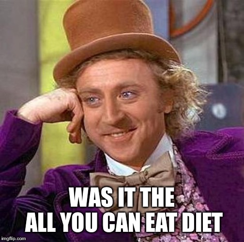 Creepy Condescending Wonka Meme | WAS IT THE ALL YOU CAN EAT DIET | image tagged in memes,creepy condescending wonka | made w/ Imgflip meme maker