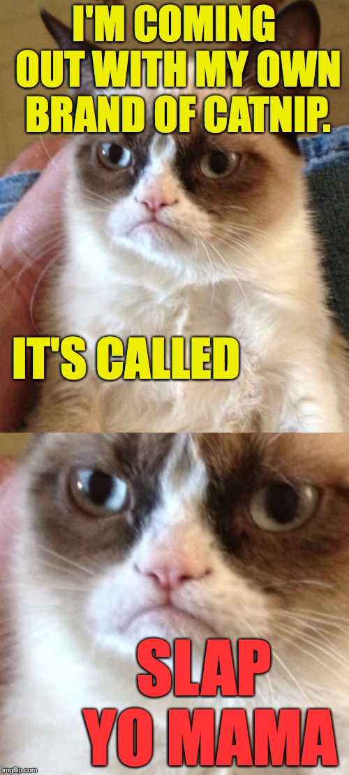 Christmas is just around the corner. |  I'M COMING OUT WITH MY OWN BRAND OF CATNIP. IT'S CALLED; SLAP YO MAMA | image tagged in grumpy cat,catnip,cats,slap yo mama for her | made w/ Imgflip meme maker