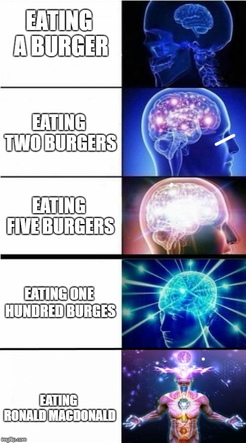 Expanding Brain Meme | EATING A BURGER; EATING TWO BURGERS; EATING FIVE BURGERS; EATING ONE HUNDRED BURGES; EATING RONALD MACDONALD | image tagged in expanding brain meme | made w/ Imgflip meme maker
