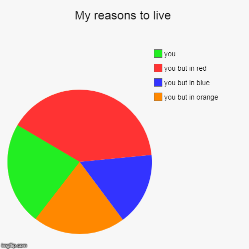 My reasons to live | you but in orange, you but in blue, you but in red, you | image tagged in funny,pie charts | made w/ Imgflip chart maker