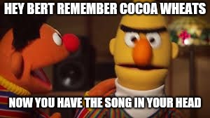Bert and Ernie  | HEY BERT REMEMBER COCOA WHEATS; NOW YOU HAVE THE SONG IN YOUR HEAD | image tagged in bert and ernie | made w/ Imgflip meme maker