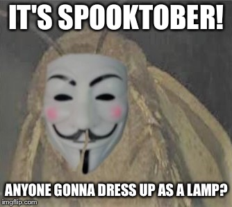 Spooktober Moth | IT'S SPOOKTOBER! ANYONE GONNA DRESS UP AS A LAMP? | image tagged in spooktober moth,memes,lamp,i love lamp,moth,spooktober | made w/ Imgflip meme maker