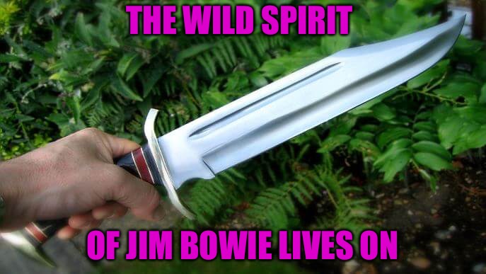 Bowie Knife | THE WILD SPIRIT; OF JIM BOWIE LIVES ON | image tagged in bowie knife | made w/ Imgflip meme maker