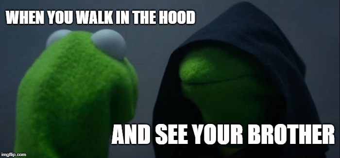 Evil Kermit Meme | WHEN YOU WALK IN THE HOOD; AND SEE YOUR BROTHER | image tagged in memes,evil kermit | made w/ Imgflip meme maker