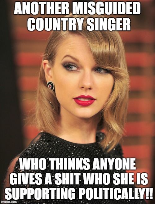 Another Misguided Country Singer | ANOTHER MISGUIDED COUNTRY SINGER; WHO THINKS ANYONE GIVES A SHIT WHO SHE IS SUPPORTING POLITICALLY!! | image tagged in taylor,swift,moron,idiot,politics | made w/ Imgflip meme maker