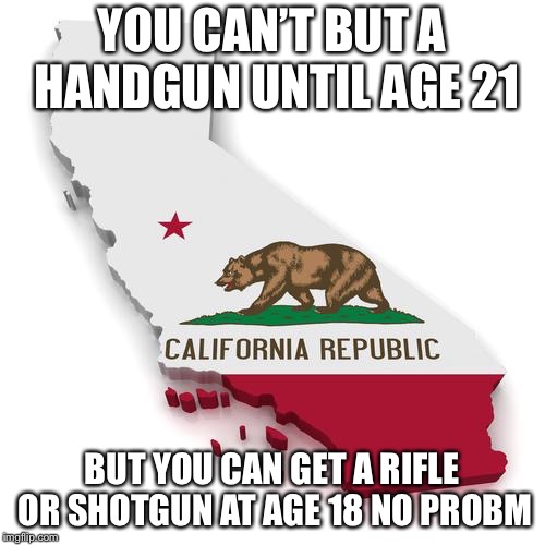 California | YOU CAN’T BUT A HANDGUN UNTIL AGE 21; BUT YOU CAN GET A RIFLE OR SHOTGUN AT AGE 18 NO PROBLEM | image tagged in california | made w/ Imgflip meme maker