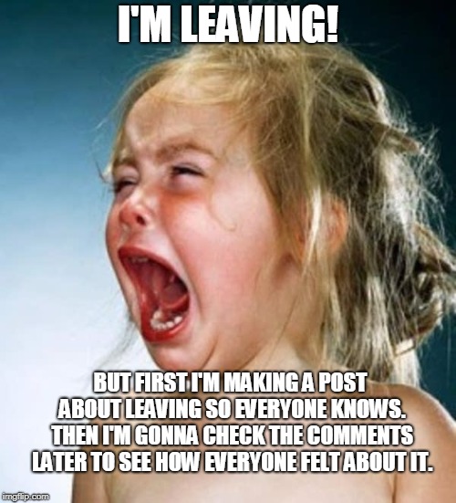Little girl crying  | I'M LEAVING! BUT FIRST I'M MAKING A POST ABOUT LEAVING SO EVERYONE KNOWS. THEN I'M GONNA CHECK THE COMMENTS LATER TO SEE HOW EVERYONE FELT ABOUT IT. | image tagged in little girl crying | made w/ Imgflip meme maker
