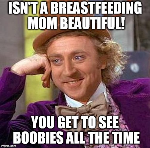 Creepy Condescending Wonka Meme | ISN'T A BREASTFEEDING MOM BEAUTIFUL! YOU GET TO SEE BOOBIES ALL THE TIME | image tagged in memes,creepy condescending wonka | made w/ Imgflip meme maker