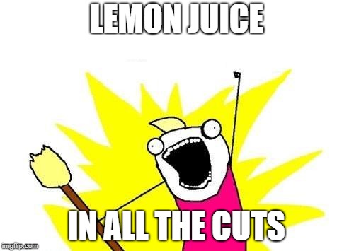 X All The Y Meme | LEMON JUICE IN ALL THE CUTS | image tagged in memes,x all the y | made w/ Imgflip meme maker