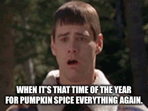 dumb and dumber gag | WHEN IT’S THAT TIME OF THE YEAR FOR PUMPKIN SPICE EVERYTHING AGAIN. | image tagged in dumb and dumber gag | made w/ Imgflip meme maker