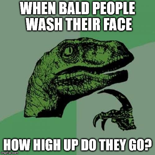 There must be a fine line between face and head. | WHEN BALD PEOPLE WASH THEIR FACE; HOW HIGH UP DO THEY GO? | image tagged in memes,philosoraptor | made w/ Imgflip meme maker