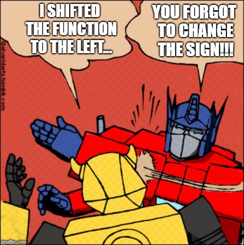Shifting functions | YOU FORGOT TO CHANGE THE SIGN!!! I SHIFTED THE FUNCTION TO THE LEFT... | image tagged in transformer slap,math | made w/ Imgflip meme maker