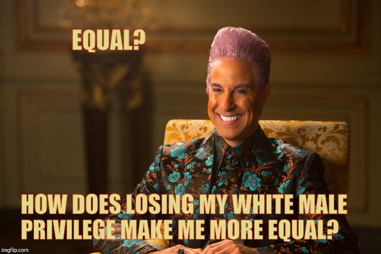 Hunger Games/Caesar Flickerman (Stanley Tucci) "heh heh heh" | EQUAL? HOW DOES LOSING MY WHITE MALE    
 PRIVILEGE MAKE ME MORE EQUAL? | image tagged in hunger games/caesar flickerman stanley tucci heh heh heh | made w/ Imgflip meme maker