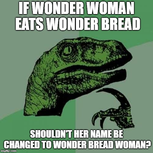 Philosoraptor Meme | IF WONDER WOMAN EATS WONDER BREAD; SHOULDN'T HER NAME BE CHANGED TO WONDER BREAD WOMAN? | image tagged in memes,philosoraptor,funny joke,nickname | made w/ Imgflip meme maker