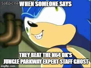 Derp sonic | WHEN SOMEONE SAYS; THEY BEAT THE N64 DK'S JUNGLE PARKWAY EXPERT STAFF GHOST | image tagged in derp sonic | made w/ Imgflip meme maker