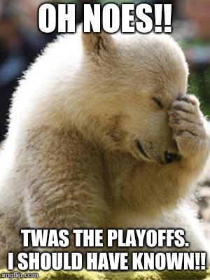 Facepalm Bear Meme | OH NOES!! TWAS THE PLAYOFFS. I SHOULD HAVE KNOWN!! | image tagged in memes,facepalm bear | made w/ Imgflip meme maker