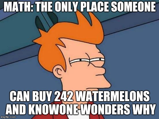 Futurama Fry Meme | MATH: THE ONLY PLACE SOMEONE; CAN BUY 242 WATERMELONS AND KNOWONE WONDERS WHY | image tagged in memes,futurama fry | made w/ Imgflip meme maker