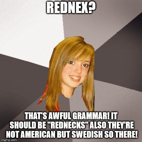 The issue isn't grammar, it's spelling | REDNEX? THAT'S AWFUL GRAMMAR! IT SHOULD BE "REDNECKS" ALSO THEY'RE NOT AMERICAN BUT SWEDISH SO THERE! | image tagged in memes,musically oblivious 8th grader | made w/ Imgflip meme maker