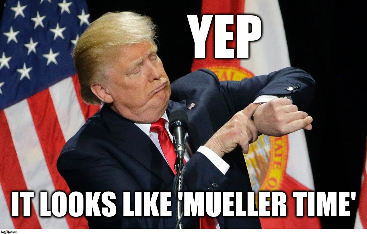 Mueller Time | YEP; IT LOOKS LIKE 'MUELLER TIME' | image tagged in trump watch | made w/ Imgflip meme maker