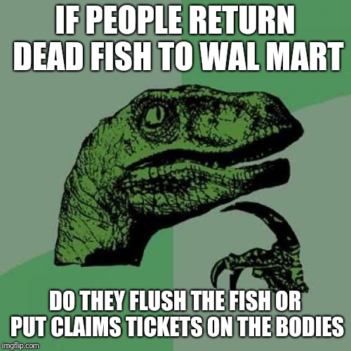 Fish heads...fish heads rolly polly fish heads | IF PEOPLE RETURN DEAD FISH TO WAL MART; DO THEY FLUSH THE FISH OR PUT CLAIMS TICKETS ON THE BODIES | image tagged in memes,philosoraptor | made w/ Imgflip meme maker