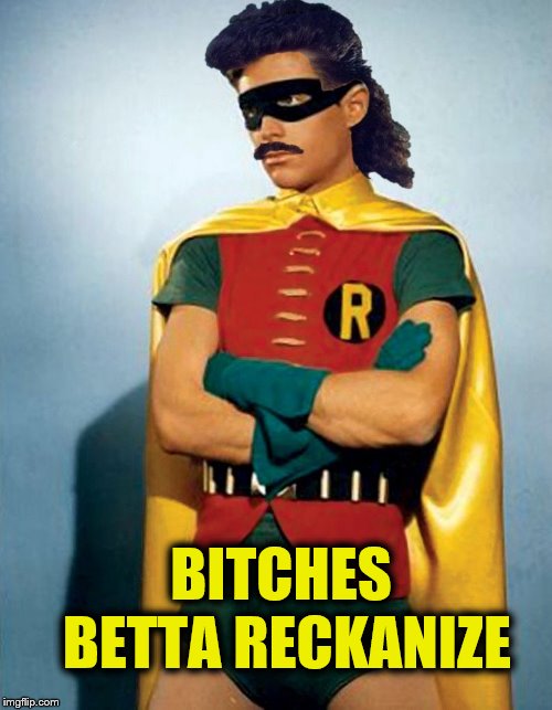 Robin with Mullet & Mustache | B**CHES BETTA RECKANIZE | image tagged in robin with mullet  mustache | made w/ Imgflip meme maker