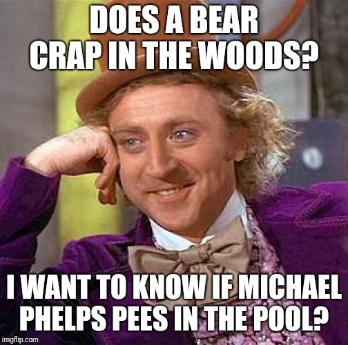 Creepy Condescending Wonka Meme | DOES A BEAR CRAP IN THE WOODS? I WANT TO KNOW IF MICHAEL PHELPS PEES IN THE POOL? | image tagged in memes,creepy condescending wonka | made w/ Imgflip meme maker