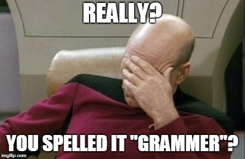 Captain Picard Facepalm Meme | REALLY? YOU SPELLED IT "GRAMMER"? | image tagged in memes,captain picard facepalm | made w/ Imgflip meme maker