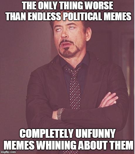 Face You Make Robert Downey Jr Meme | THE ONLY THING WORSE THAN ENDLESS POLITICAL MEMES; COMPLETELY UNFUNNY MEMES WHINING ABOUT THEM | image tagged in memes,face you make robert downey jr | made w/ Imgflip meme maker