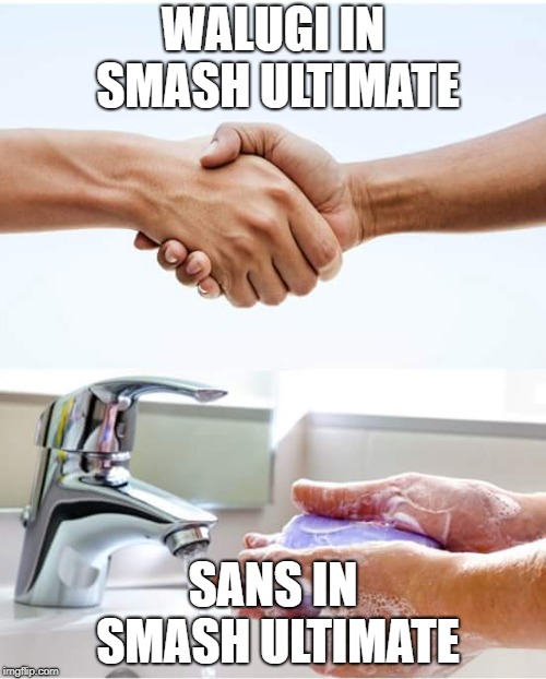 Shake and wash hands | WALUGI IN SMASH ULTIMATE; SANS IN SMASH ULTIMATE | image tagged in shake and wash hands | made w/ Imgflip meme maker