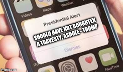 Presidential Alert Meme | SHOULD HAVE NOT BOUGHTEN A TRAVESTY, ASHOLE - TRUMP | image tagged in presidential alert | made w/ Imgflip meme maker