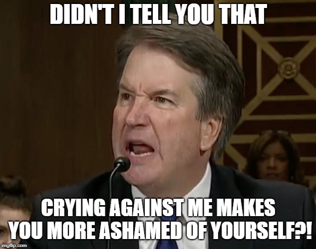 Welp, time to ruin Kavanaugh's life already. His whining has become a new meme. | DIDN'T I TELL YOU THAT; CRYING AGAINST ME MAKES YOU MORE ASHAMED OF YOURSELF?! | image tagged in raging kavanaugh,butthurt,brett kavanaugh,whining,crying | made w/ Imgflip meme maker