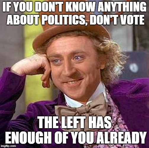 Creepy Condescending Wonka Meme | IF YOU DON'T KNOW ANYTHING ABOUT POLITICS, DON'T VOTE; THE LEFT HAS ENOUGH OF YOU ALREADY | image tagged in memes,creepy condescending wonka,politics | made w/ Imgflip meme maker