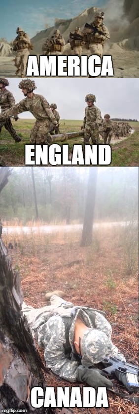 AMERICA; ENGLAND; CANADA | image tagged in army,america,england,canada | made w/ Imgflip meme maker