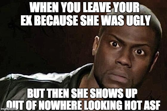 Kevin Hart Meme | WHEN YOU LEAVE YOUR EX BECAUSE SHE WAS UGLY; BUT THEN SHE SHOWS UP OUT OF NOWHERE LOOKING HOT ASF | image tagged in memes,kevin hart | made w/ Imgflip meme maker