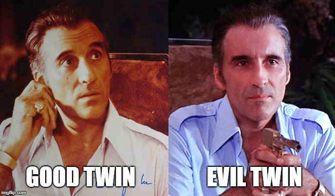 Christopher Lee | EVIL TWIN; GOOD TWIN | image tagged in christopher lee,scaramanga,bond,dracula | made w/ Imgflip meme maker