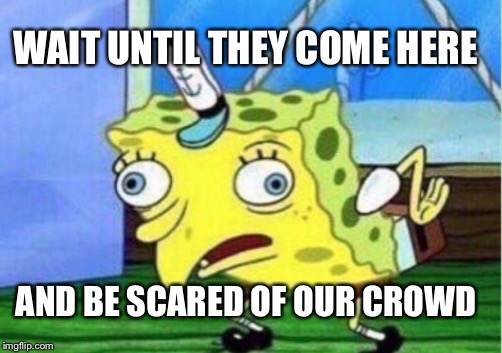 Mocking Spongebob Meme | WAIT UNTIL THEY COME HERE; AND BE SCARED OF OUR CROWD | image tagged in memes,mocking spongebob | made w/ Imgflip meme maker