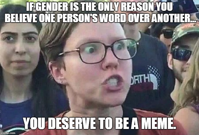 How Memes Are Created | IF GENDER IS THE ONLY REASON YOU BELIEVE ONE PERSON'S WORD OVER ANOTHER... YOU DESERVE TO BE A MEME. | image tagged in triggered liberal,meme | made w/ Imgflip meme maker