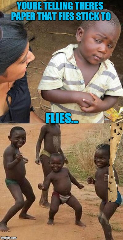 no more flies in our eyes! | YOURE TELLING THERES PAPER THAT FIES STICK TO; FLIES... | image tagged in third world skeptical kid,flies,dancing | made w/ Imgflip meme maker